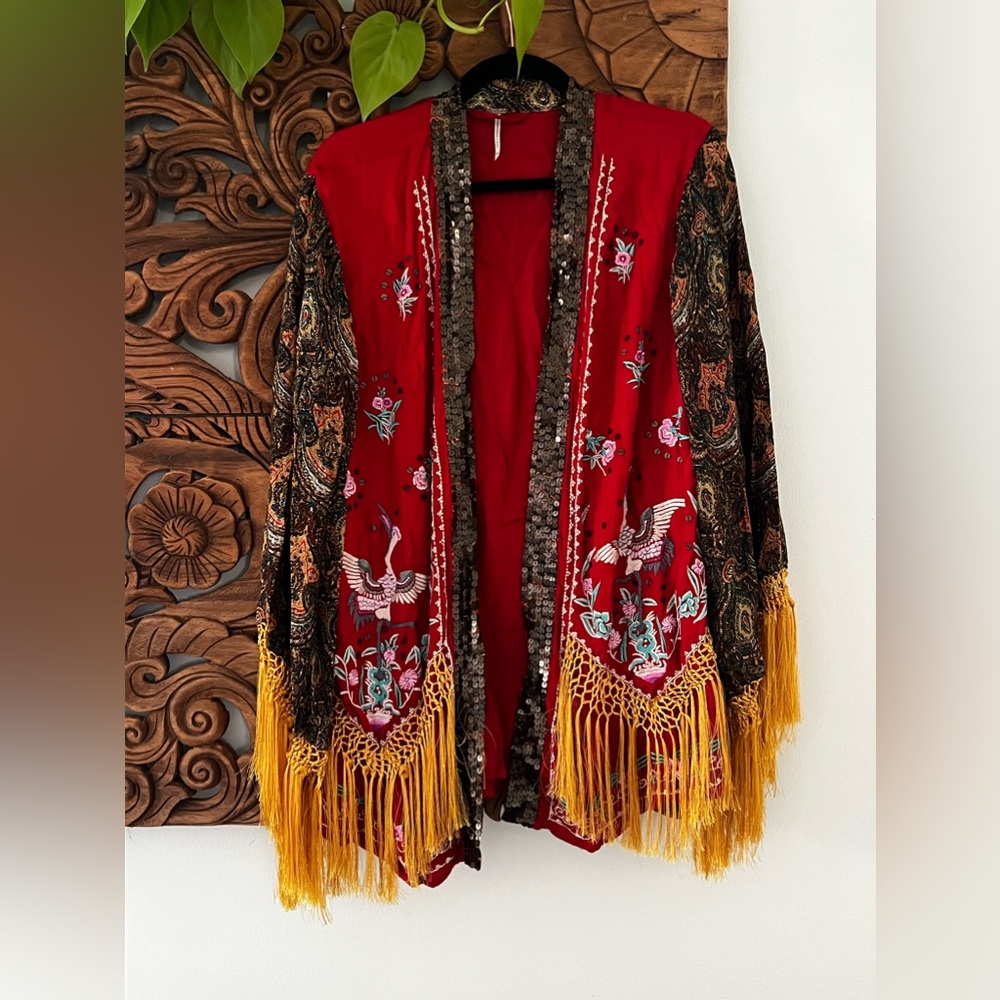 Boho Free People Embroidered Fringe Kimono or CoverUp